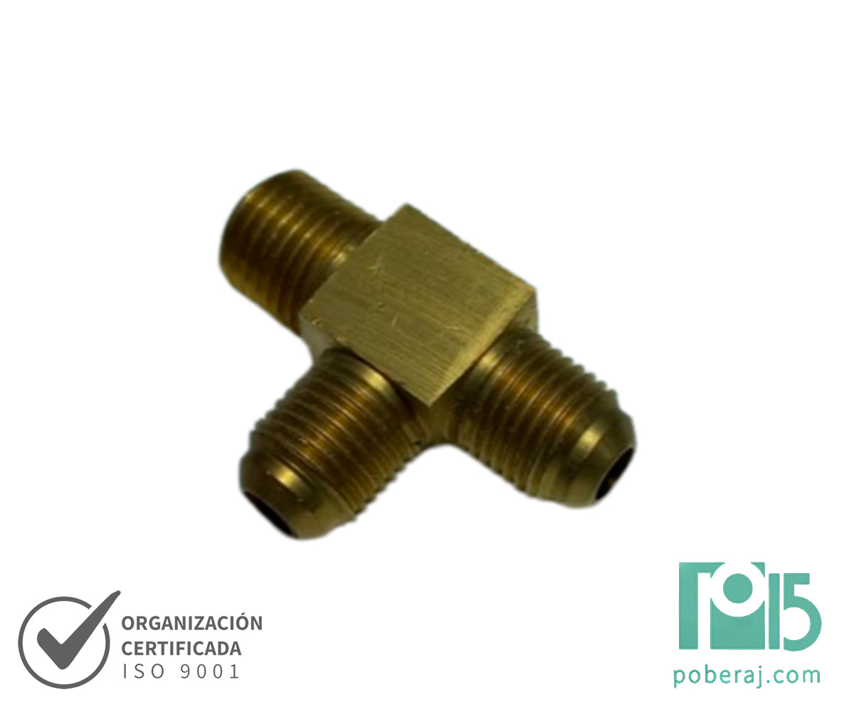 D0548 Tee Rosca Macho UNF Asiento JIC 37º a Rosca Macho NPTF a Rosca Macho UNF Asiento JIC 37º (Bronce)