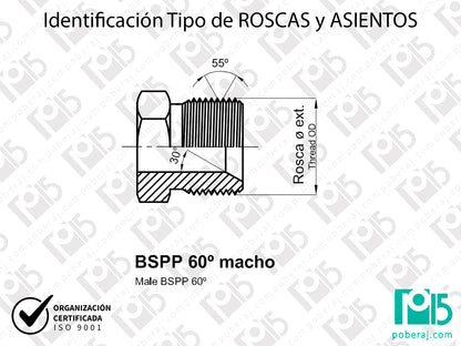 W- Identificación Tipo de ROSCAS y ASIENTOS: BSPP 60° macho