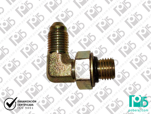 Codo 90º Rosca Macho UNF AS JIC 37º a Rosca Macho UNF para O’Ring con tuerca y Arandela Codigo D0505